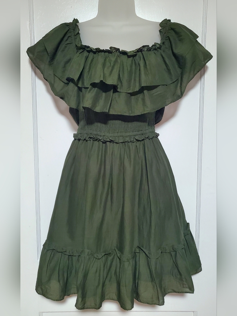 🆕️ Happy Nature Olive Green Ruffled Off-Shoulder Dress sz L